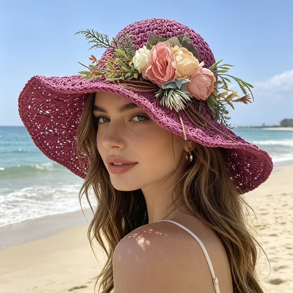 Cappello Di Paglia Artistico A Fiori Da Donna - Tesa Larga Stile Francese Per Estate E Spiaggia