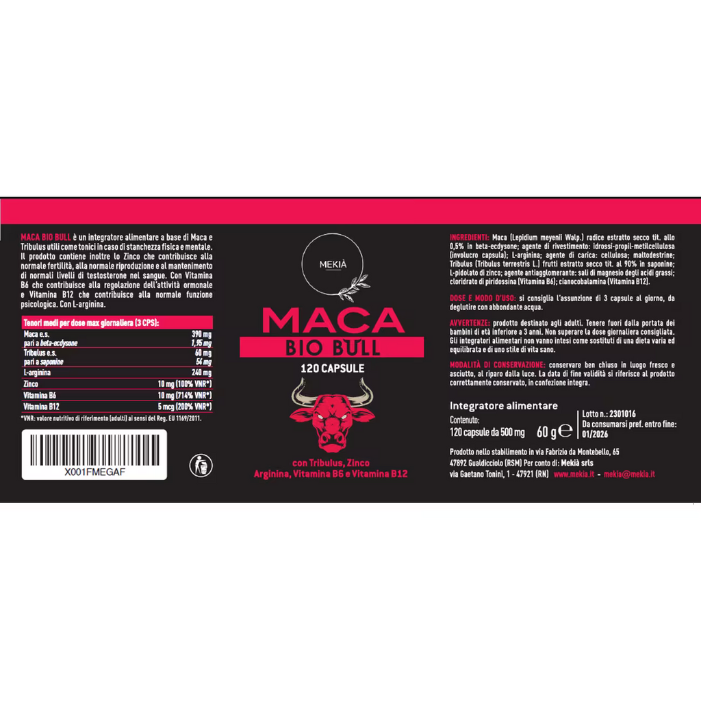 BioBull Maca Peruviana Integratore Uomo L-Arginina Tribulus Zinco Vitamina B6
