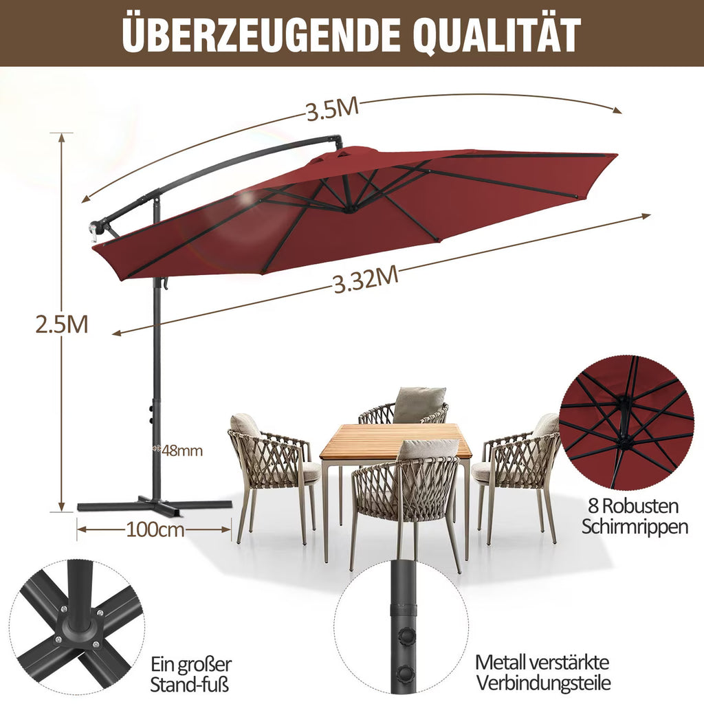Sonnewelt Ombrellone A Sbalzo 300/350cm In Alluminio A Manovella UV40+ - Grigio/Beige/Rosso/Verde