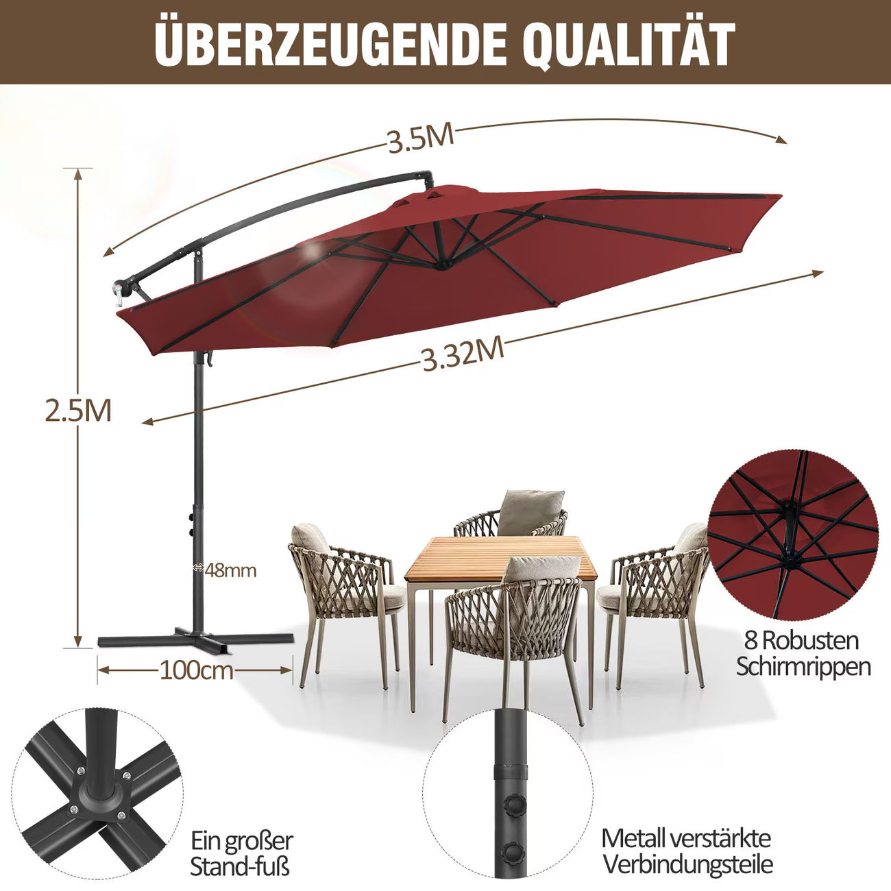 Sonnewelt Ombrellone A Sbalzo 300/350cm In Alluminio A Manovella UV40+ - Grigio/Beige/Rosso/Verde