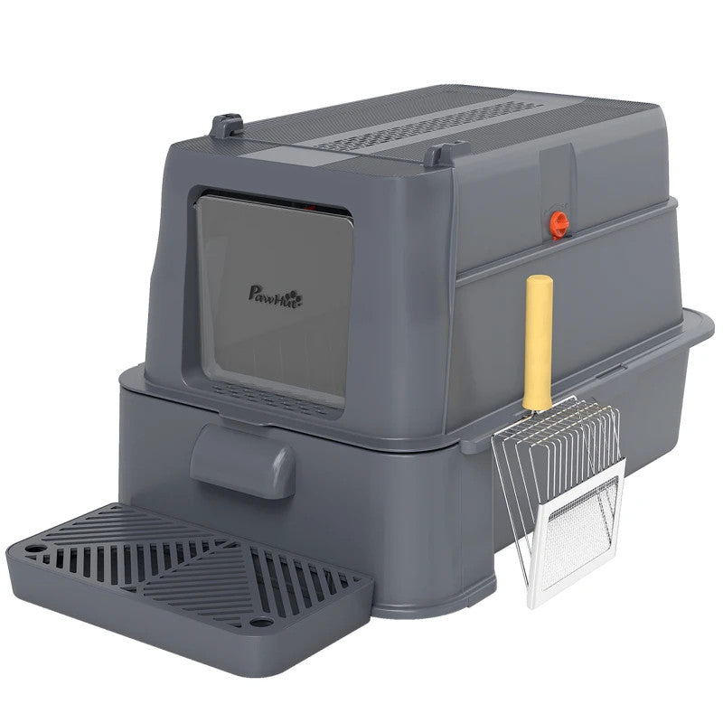 OUT019 Lettiera per gatti chiusa 80 L con vassoio estraibile in ABS e acciaio inox 63x43x43 cm grigio scuro