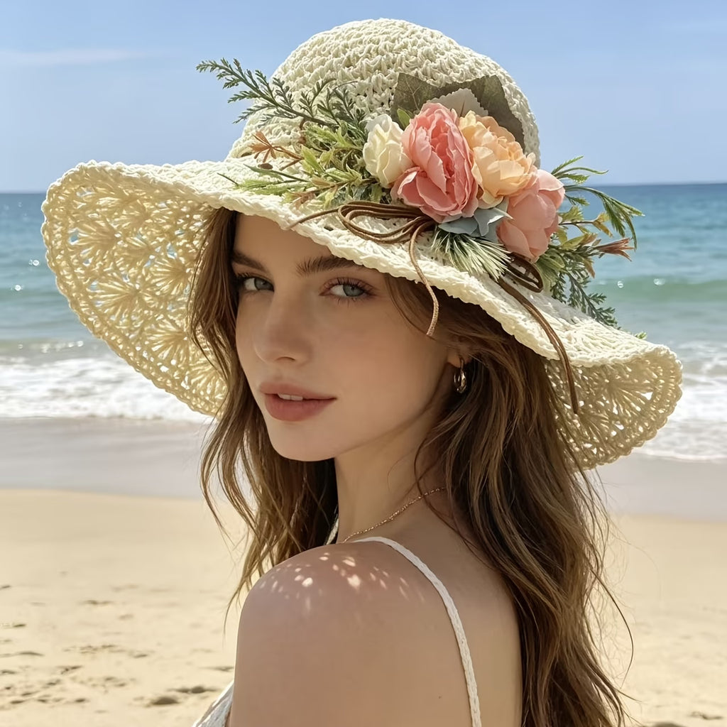Cappello Di Paglia Artistico A Fiori Da Donna - Tesa Larga Stile Francese Per Estate E Spiaggia