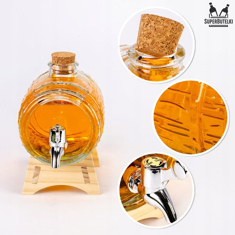 Barile Di Vetro 3L Con Rubinetto Tappo Sughero E Supporto Legno - Vodka Vino Distillati