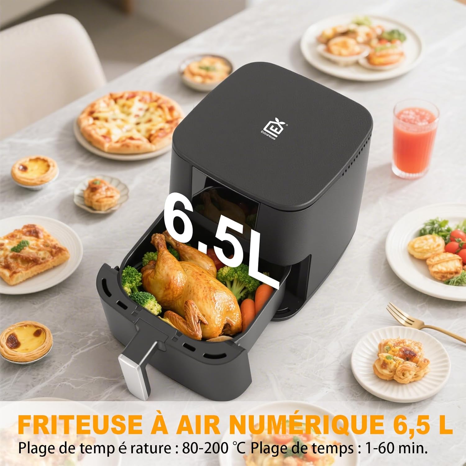 Friggitrice ad Aria Digitale Extrastar 6,5 Litri 1600W - 8 Programmi Preimpostati Nero Opaco