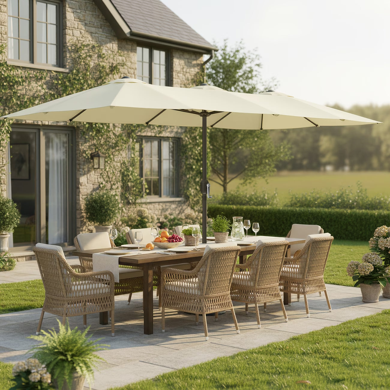 Ombrellone Da Esterno Doppio 460x270cm A Manovella UPF50+ Beige - Patio Giardino Balcone