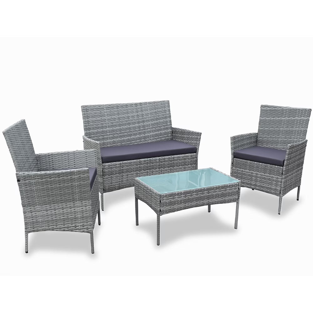 Set Salotto da Giardino 4 Posti in Poly Rattan Grigio con Tavolino