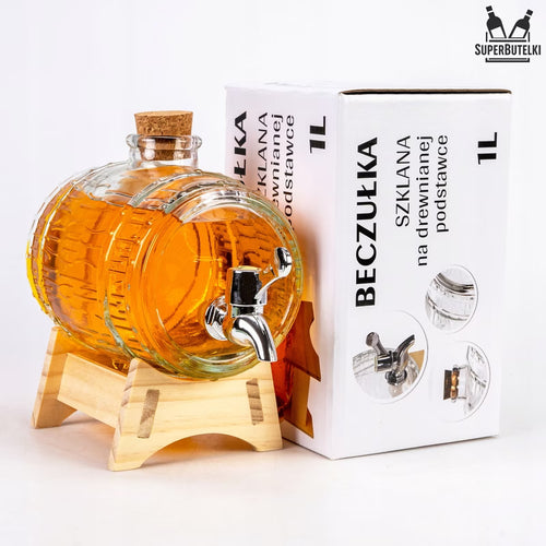 Barile Di Vetro 3L Con Rubinetto Tappo Sughero E Supporto Legno - Vodka Vino Distillati