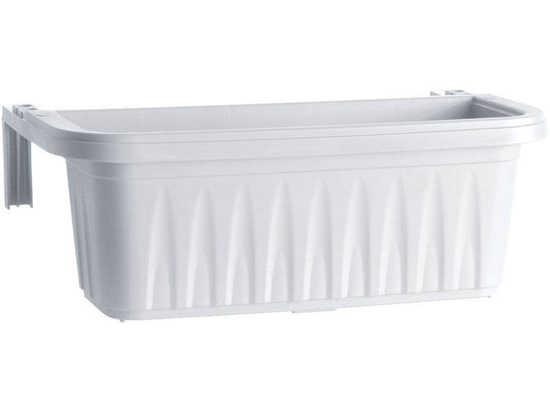 Bama Fioriera Rettangolare Rondine Bianco 50x20x18,5h - vista prodotto con agganci per ringhiera