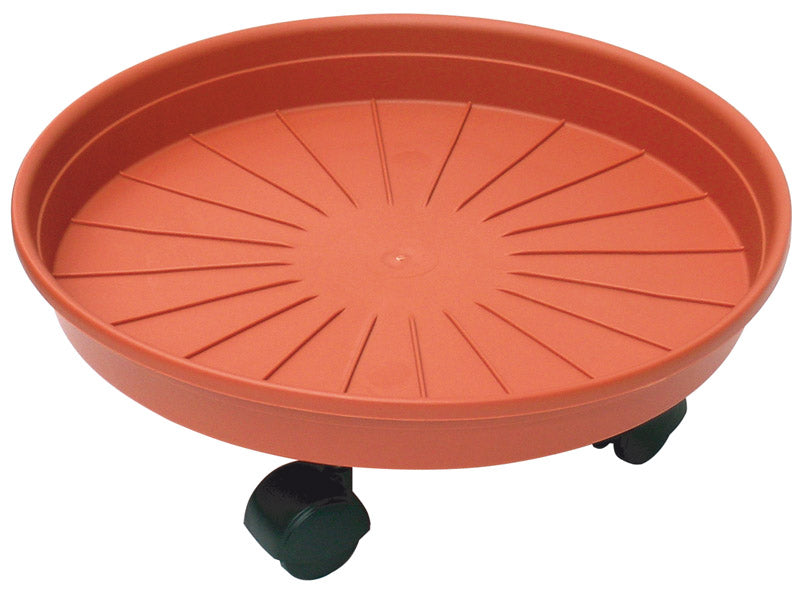 Sottovaso Tondo con Ruote 35 cm Terracotta in Plastica - vista dall'alto con ruote verdi
