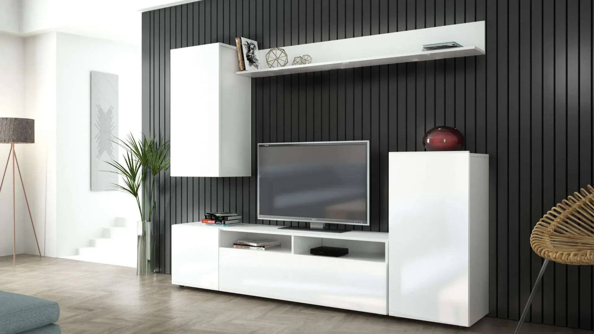 Art. CAP 886 Kit Parete Living Bridge Bianco e Bianco Lucido 210x37x170h cm