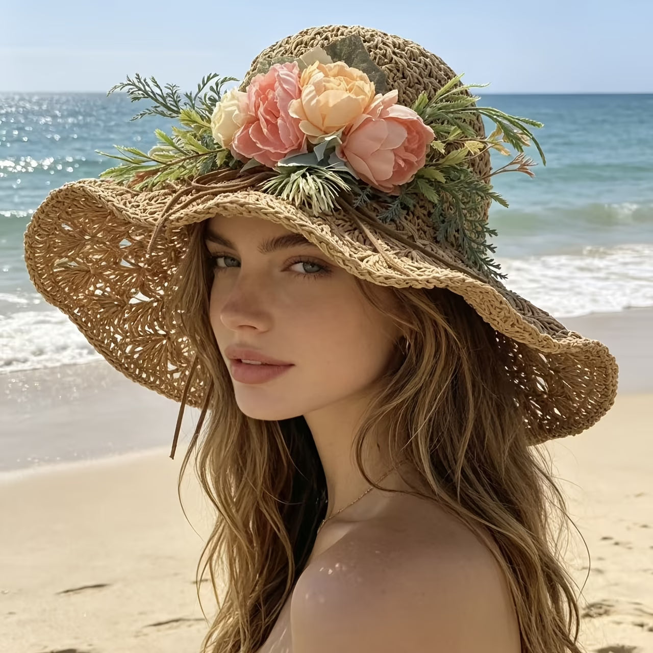 Cappello Di Paglia Artistico A Fiori Da Donna - Tesa Larga Stile Francese Per Estate E Spiaggia