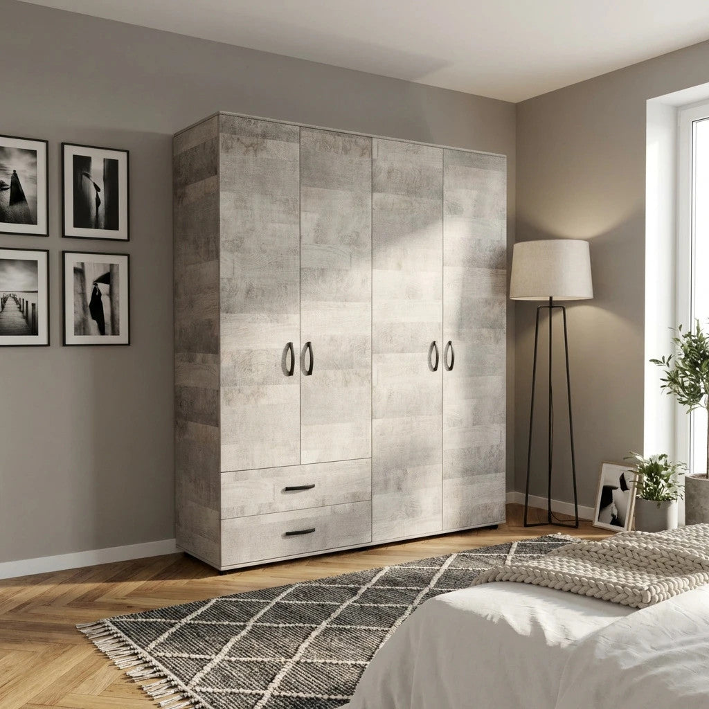 Armadio 4 Ante 2 Cassetti Rovere Platino 160x52x205 cm