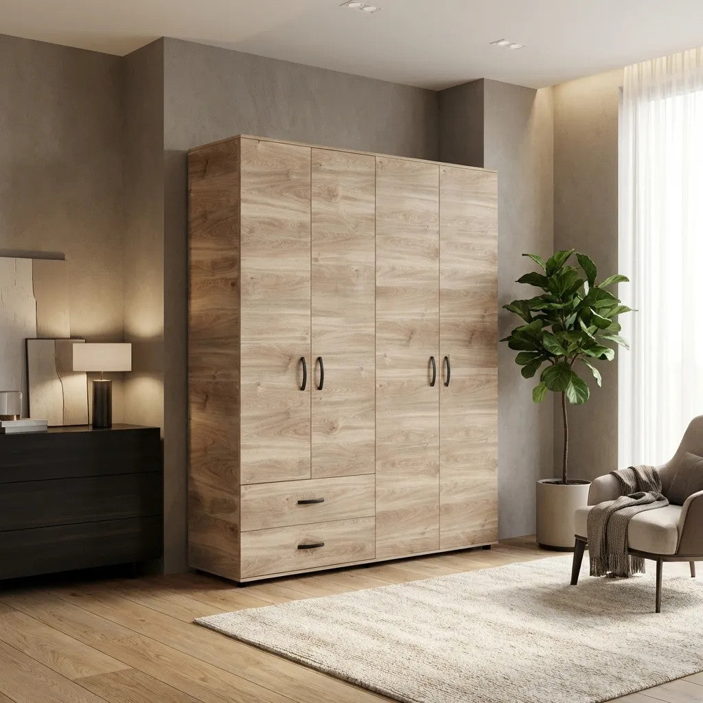 Armadio 4 Ante 2 Cassetti Rovere Miele 160x52x205 cm