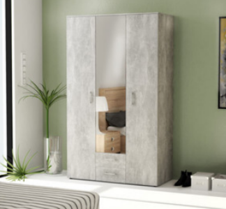 Armadio 3 Ante con Specchio Centrale e 2 Cassetti Finitura Cemento 121x54x200 cm