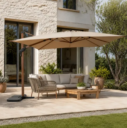 Ombrellone Decentrato con Rotazione Antivento Legno Big Capri 3x4m Sabbia