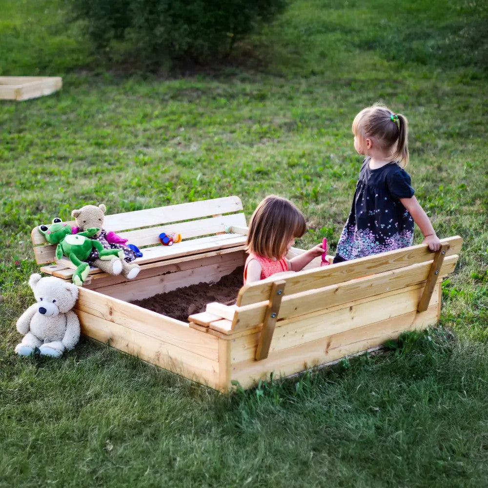 Sabbiera in Legno per Bambini con Coperchio Pieghevole e Panche | Pino/Abete