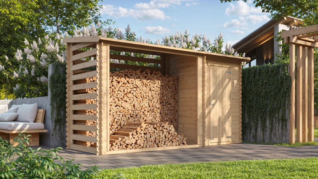 Legnaia da Giardino in Legno M205 con Vano Attrezzi 344x130 cm 4m²