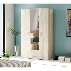 Armadio 3 Ante con Specchio 2 Cassetti Bianco Venato 120x52x200 cm