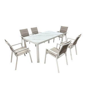 Set Tavolo con 6 Sedie Alluminio Stone Vetro Temperato Effetto Pietra