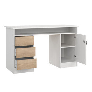 Scrivania Function Plus 126x55x75 cm Bianco e Quercia 3 Cassetti e Anta con Serratura