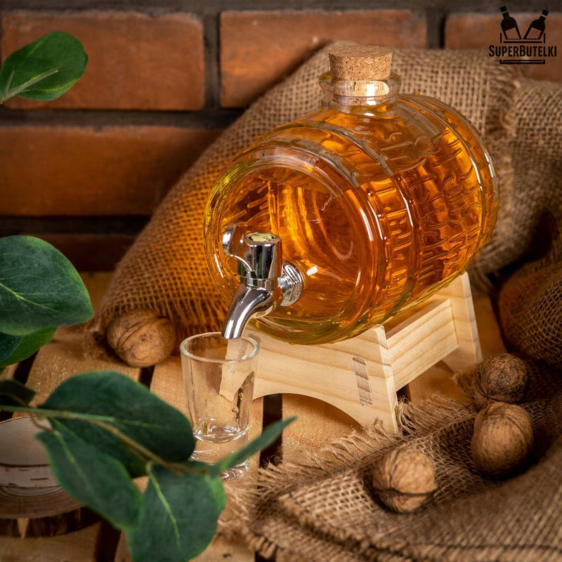 Barile Di Vetro 3L Con Rubinetto Tappo Sughero E Supporto Legno - Vodka Vino Distillati