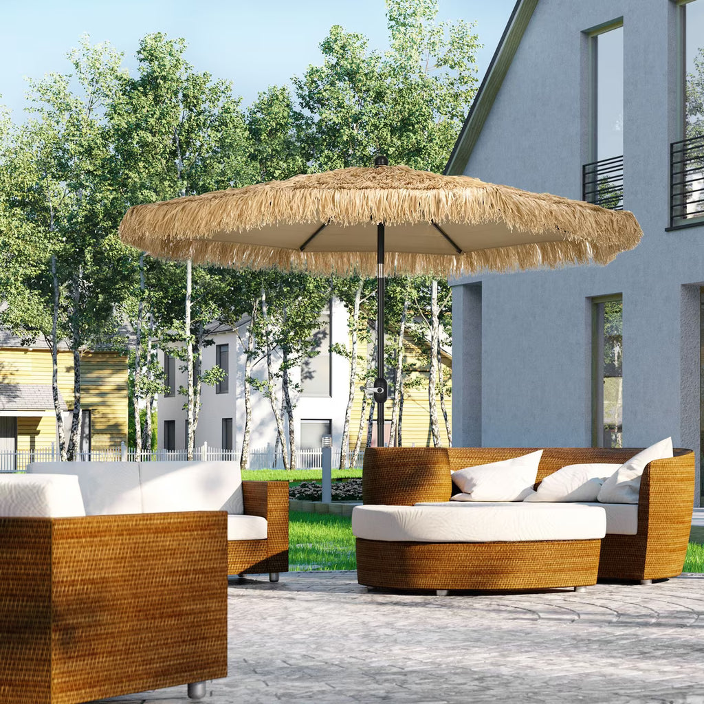Outsunny Ombrellone Da Giardino In Paglia Sintetica Rotondo Hawaiano Ø265x250cm Cachi