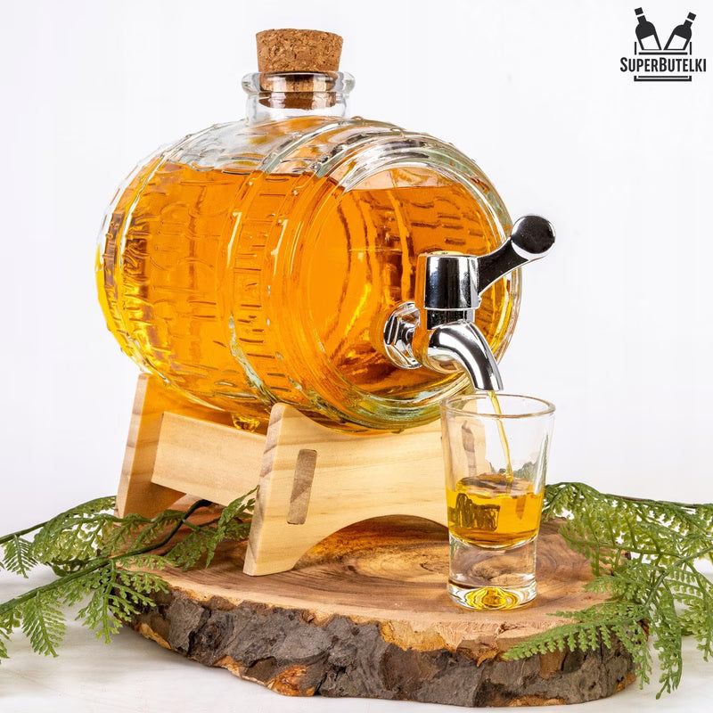 Barile Di Vetro 3L Con Rubinetto Tappo Sughero E Supporto Legno - Vodka Vino Distillati