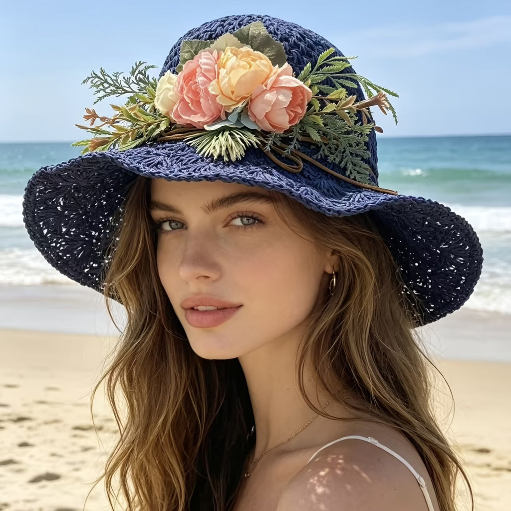 Cappello Di Paglia Artistico A Fiori Da Donna - Tesa Larga Stile Francese Per Estate E Spiaggia