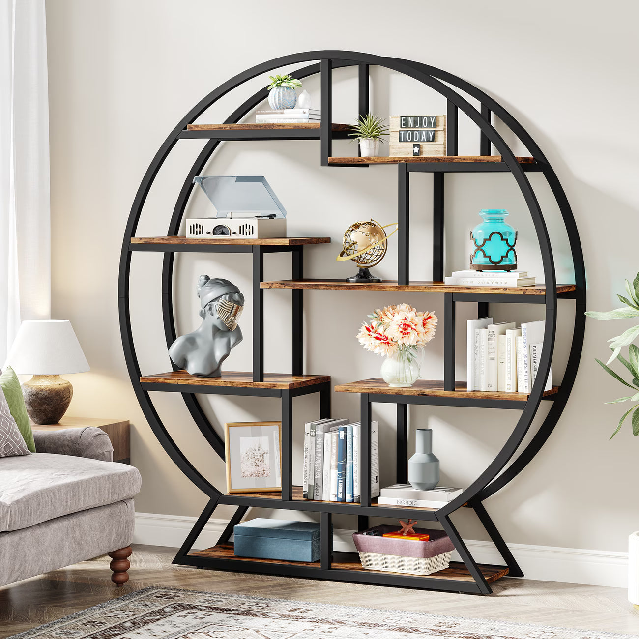 Libreria Circolare Multi-Strato 160cm Industriale Nero Marrone