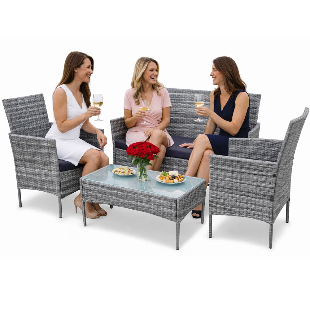Set Salotto da Giardino 4 Posti in Poly Rattan Grigio con Tavolino