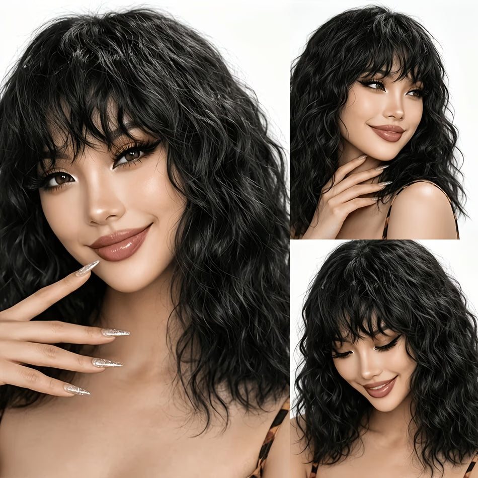 Parrucca Capelli Umani Remy Brasiliani Water Wave 30cm Frangia Riccia 150% Densità