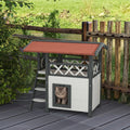 OUT005 Casetta per gatti da esterno con terrazza e scaletta in legno 77x50x73 cm bianco e grigio