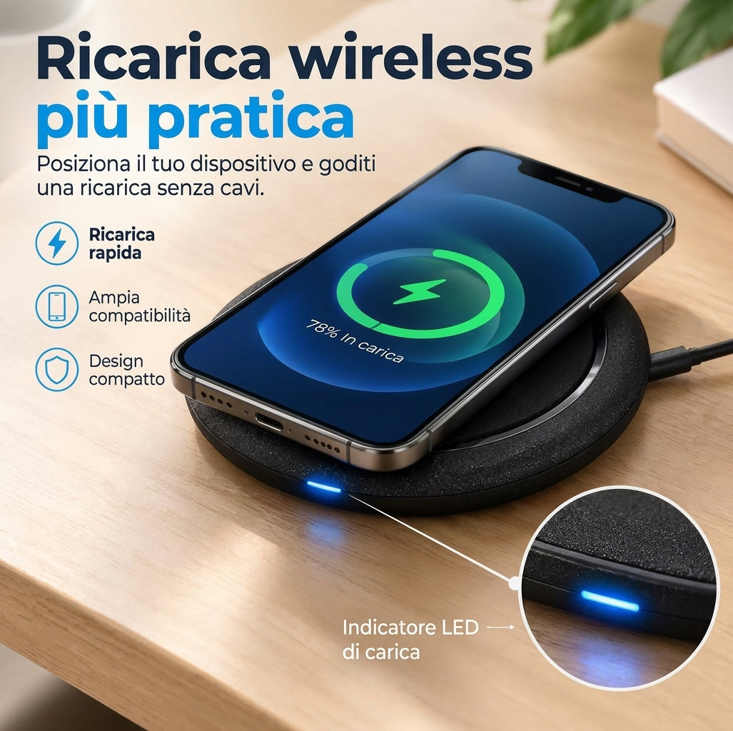 Caricabatterie Wireless Rapido 10W Base di Ricarica Sottile con Cavo Tipo C Incluso e Indicatore LED