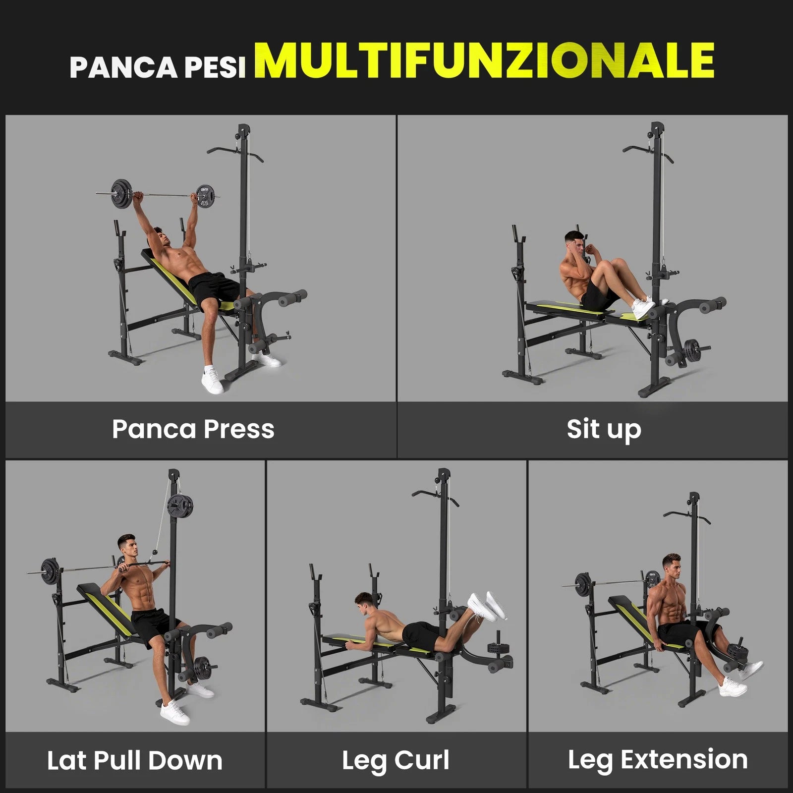 Panca Multifunzione con Schienale Regolabile e Barra Nero