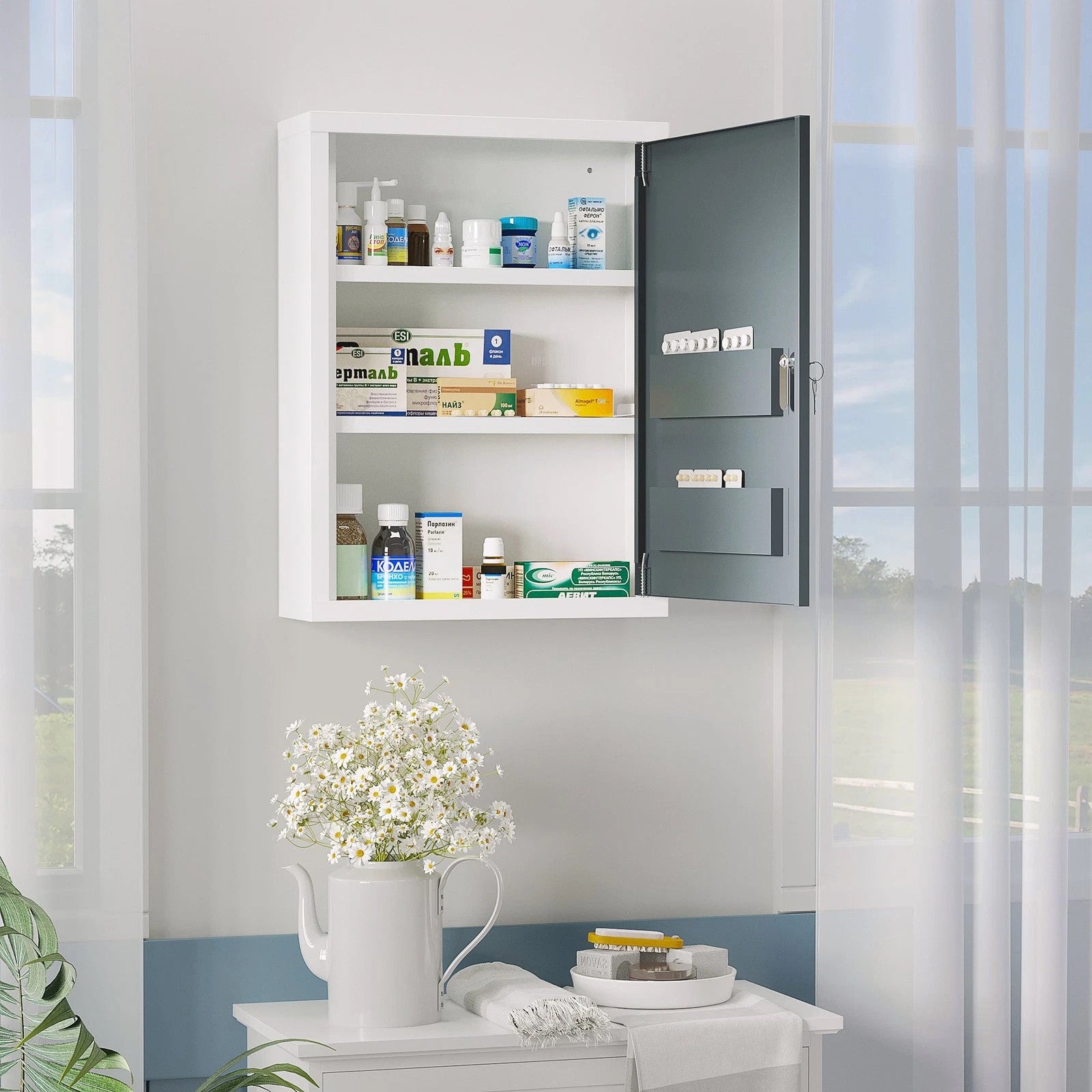 Armadietto Medicinali 3 Ripiani con Serratura Acciaio Bianco e Grigio 40x15x53,5 cm