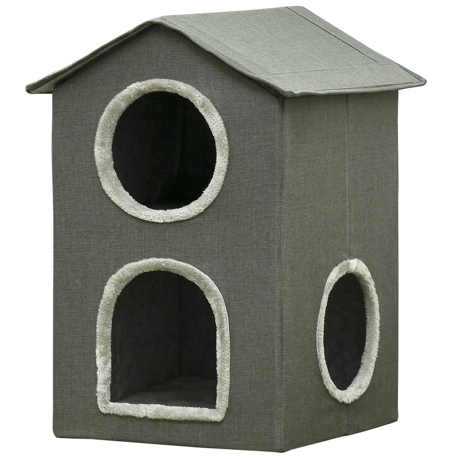 OUT011 Casetta per gatti a due livelli con cuscini lavabili e tre entrate 42x46x59.5 cm grigio