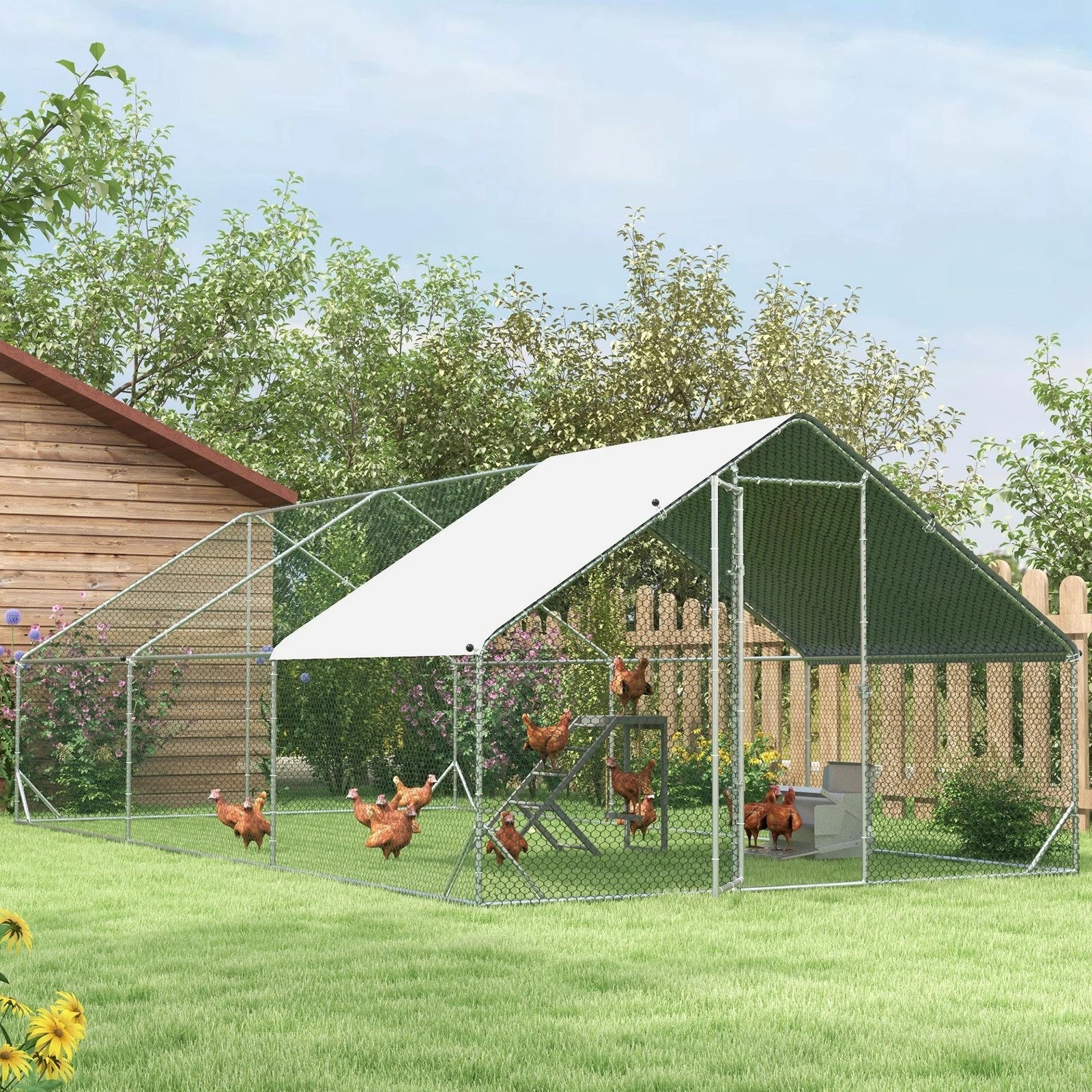 OUT020 Pollaio da giardino con telaio zincato copertura impermeabile e rete esagonale 3x8x2 m argento
