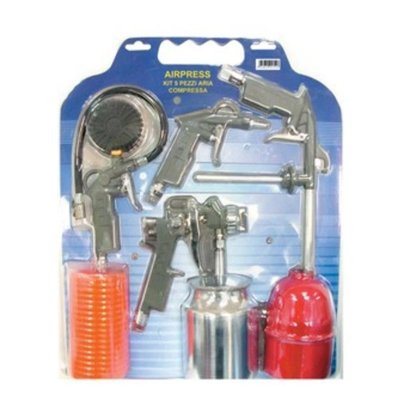 Airpress Kit Aria Compressa 5 Pezzi Pistola Verniciatura Gonfiaggio Soffiaggio Lavaggio Tubo Spirale