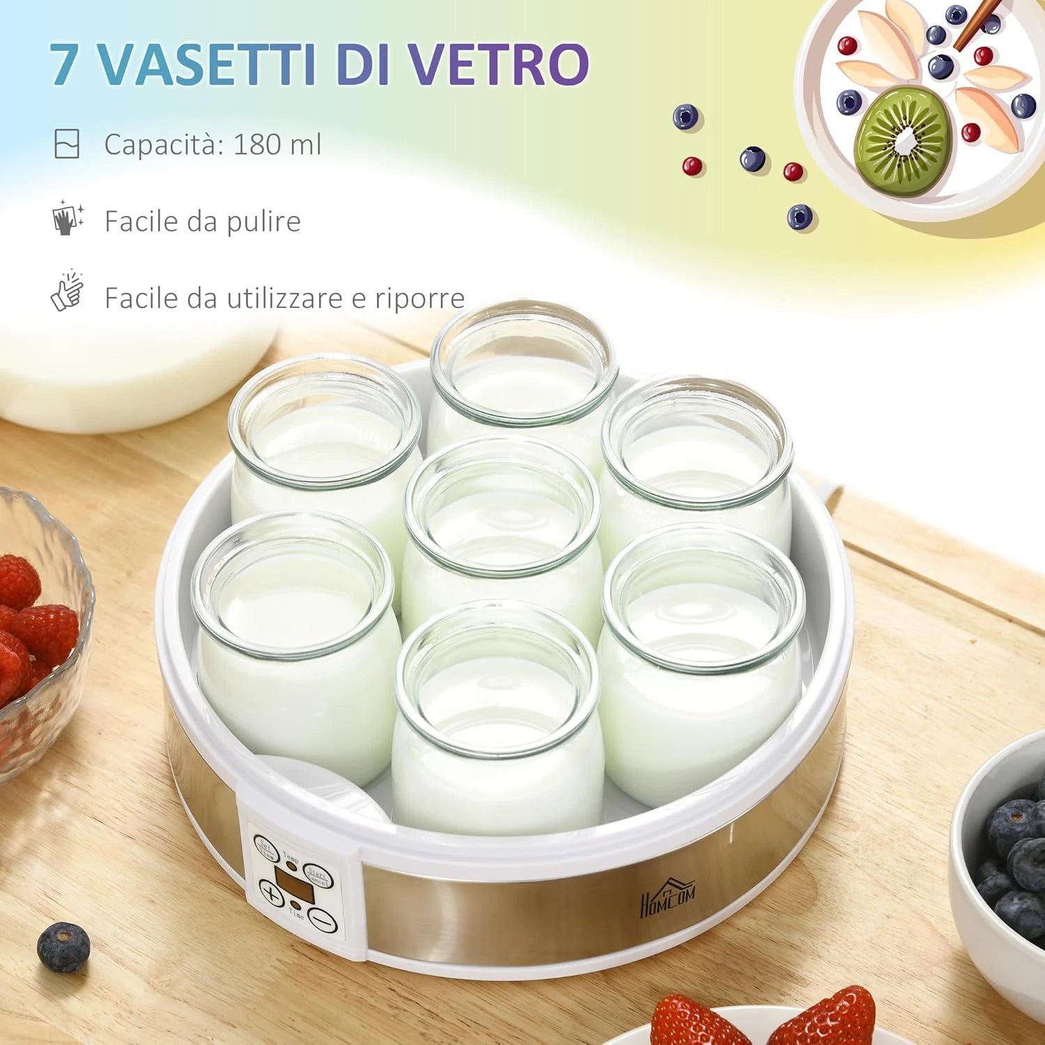Yogurtiera 20W da 1.5L con 7 Vasetti e Display a Pulsanti