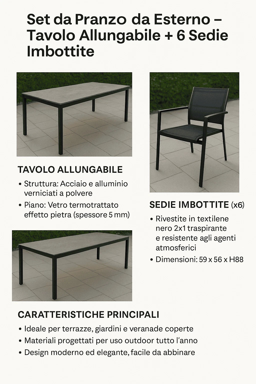 Set Cassis Tavolo Allungabile e 6 Sedie da Giardino