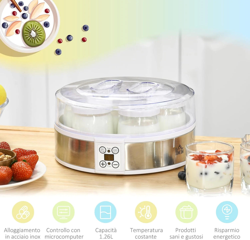 Yogurtiera 20W da 1.5L con 7 Vasetti e Display a Pulsanti