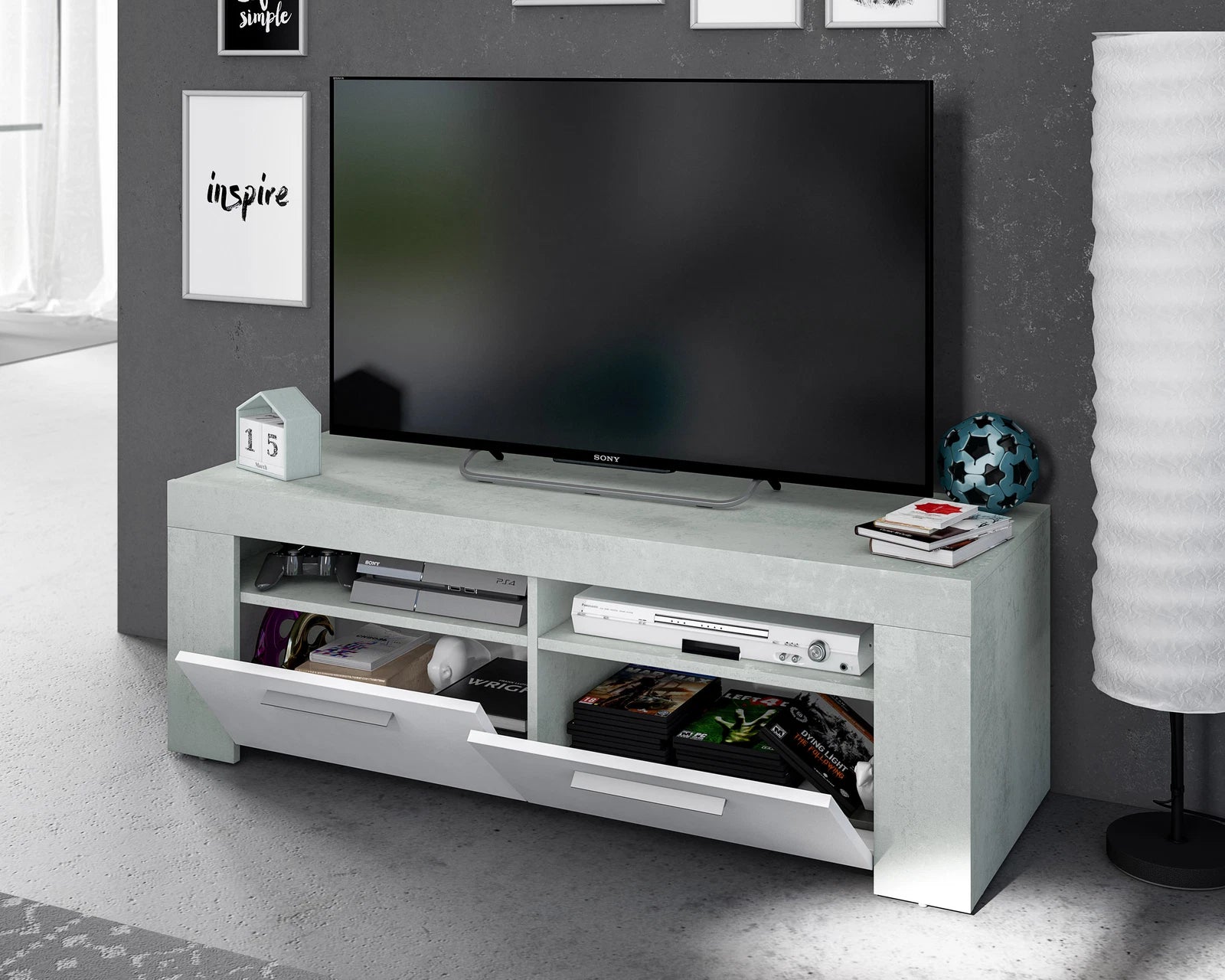 Mobile TV Ambit 120x42x40 cm Bianco Cemento – Stile Industrial, Kit da Montare