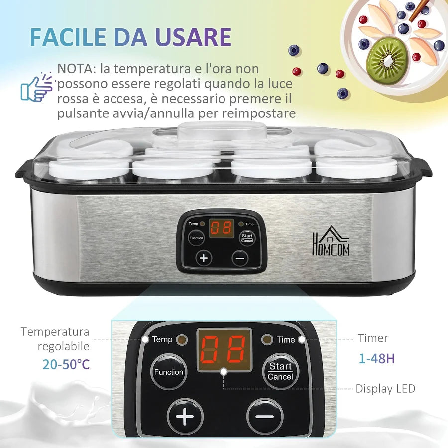 Yogurtiera Elettrica 25W con 8 Vasetti e Timer Argento