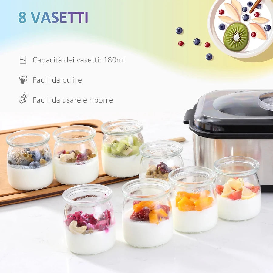 Yogurtiera Elettrica 25W con 8 Vasetti e Timer Argento